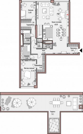 Трёхкомнатная квартира 166.9 м²